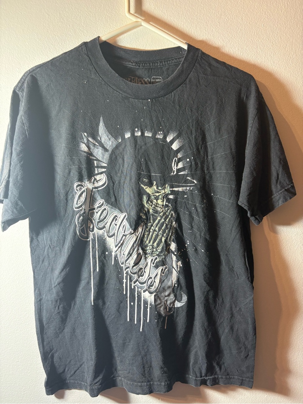 Fearless Black Skeleton Graphic T-Shirt Medium Cotton Grunge